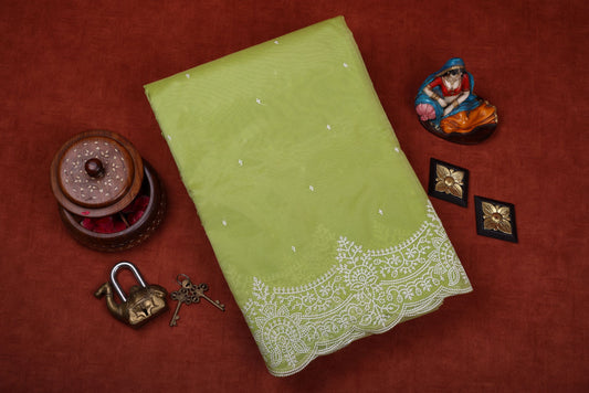 Banaras Semi Organza Saree - Pastel Green Color with Cutwork, Embroidery, and Stitched Blouse