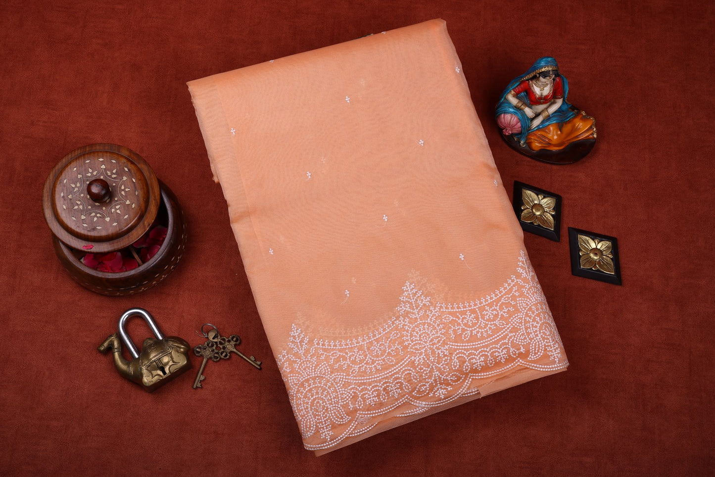 Banaras Semi Organza Saree - Pastel Peach Color with Cutwork, Embroidery, and Stitched Blouse