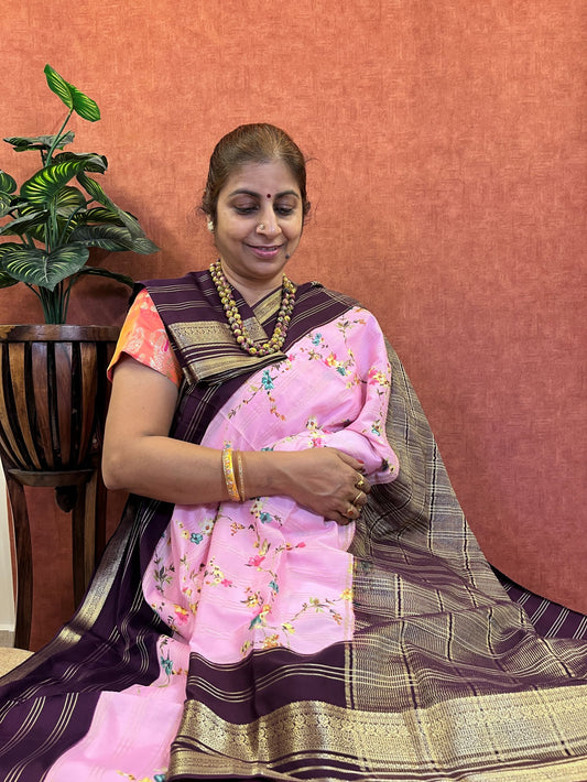 Semi Mysore Mulberry Silk - Pink Color and Zari Border