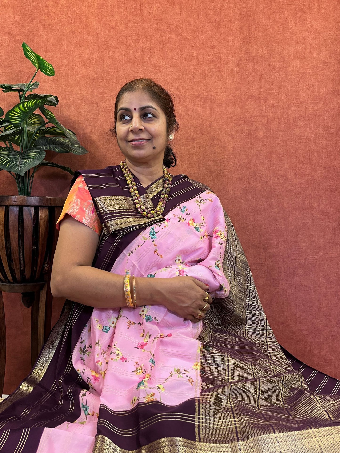 Semi Mysore Mulberry Silk - Pink Color and Zari Border