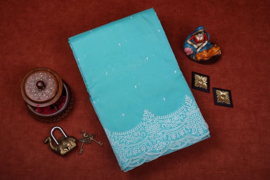 Banaras Semi Organza Saree - Pastel Blue Color with Cutwork, Embroidery, and Stitched Blouse