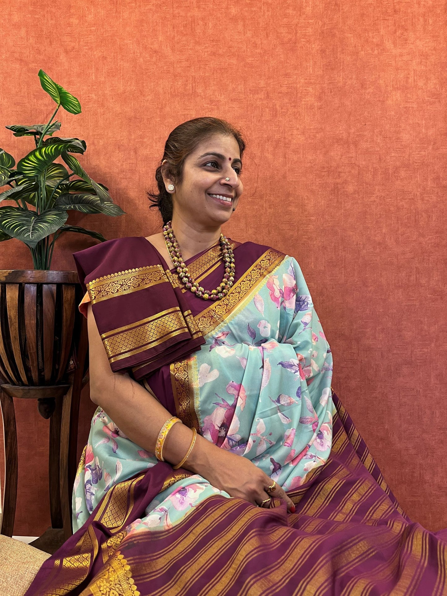 Semi Mysore Silk - Green Color with Floral Design and Zari Gap Border