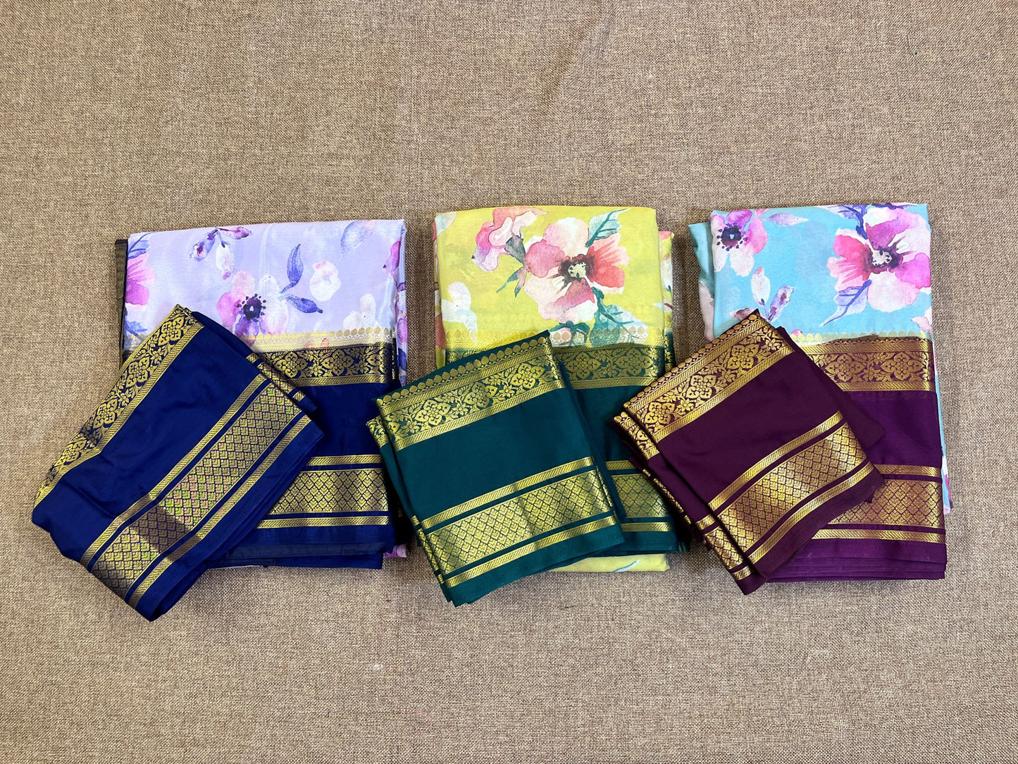 Semi Mysore Silk - Lavendar Color with Floral Design and Zari Gap Border