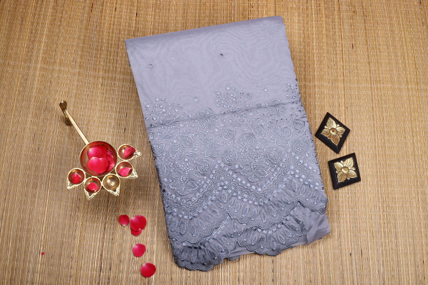 Semi Organza Saree - Grey Color with Fancy Cutwork, Heavy Embroidery and Stitched Blouse