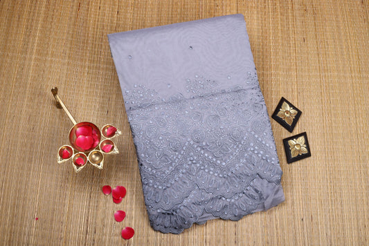 Semi Organza Saree - Grey Color with Fancy Cutwork, Heavy Embroidery and Stitched Blouse