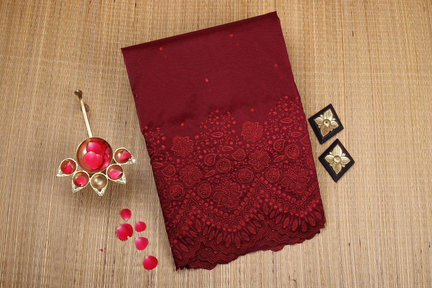 Semi Organza Saree - Maroon Color with Fancy Cutwork, Heavy Embroidery and Stitched Blouse