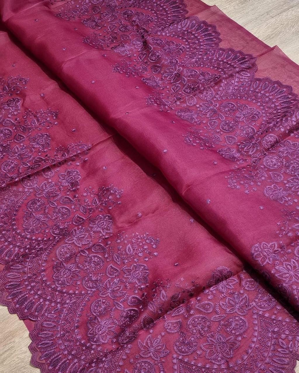 Semi Organza Saree - Maroon Color with Fancy Cutwork, Heavy Embroidery and Stitched Blouse