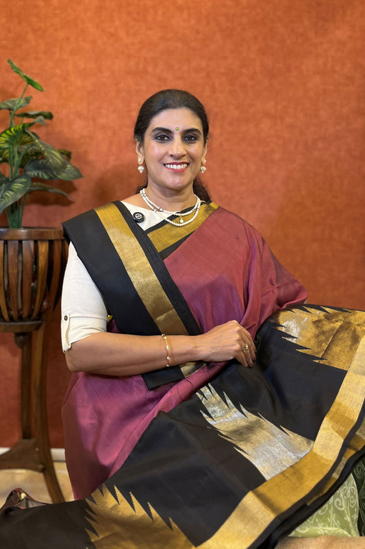 Pure Soft Silk Saree - Wine Color with Black Temple Border