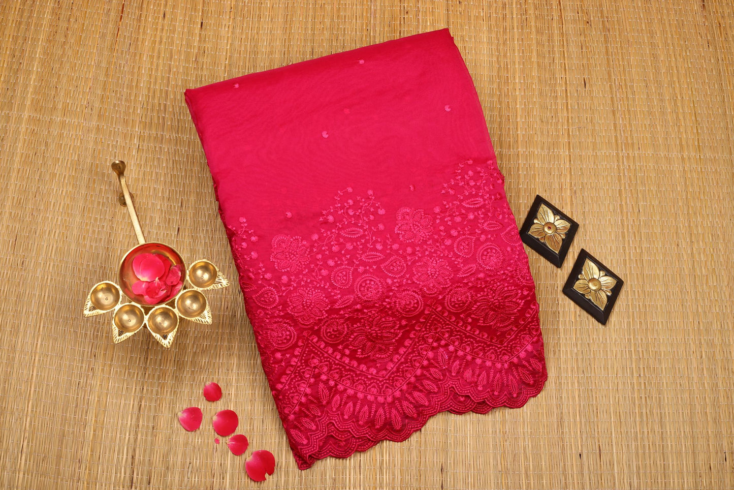 Semi Organza Saree - Red Color with Fancy Cutwork, Heavy Embroidery