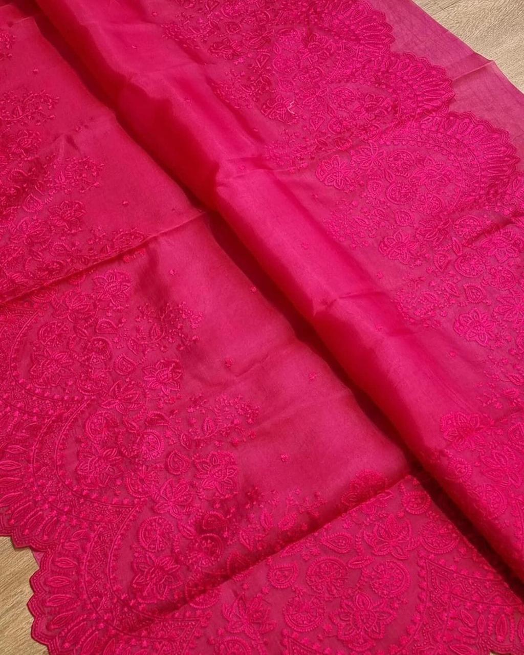 Semi Organza Saree - Red Color with Fancy Cutwork, Heavy Embroidery