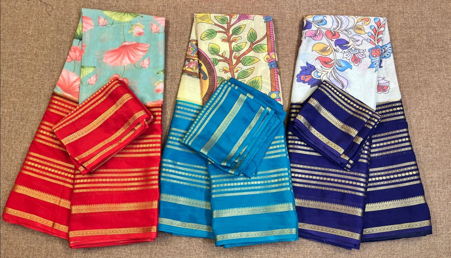 Semi Mysore Silk - Green Color with Pichwai Print and Zari Border