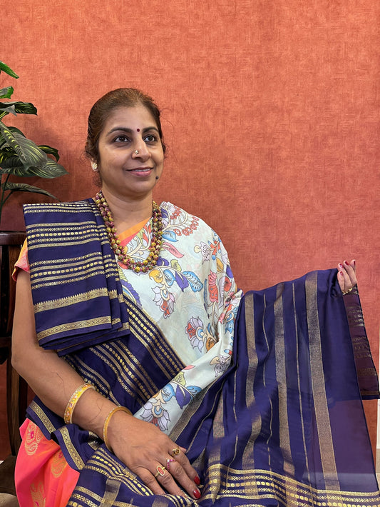 Semi Mysore Silk - Blue Color with Pichwai print and Zari Border
