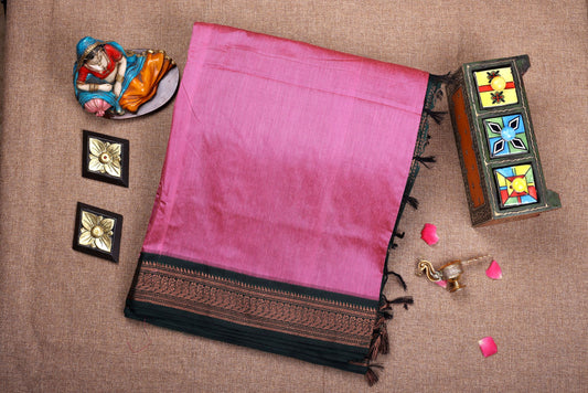 Silk Cotton Saree - Pink Color with Dark Green Border with Stitched Blouse