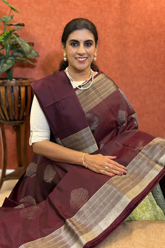 Pure Soft Silk Saree - Deep Maroon Color with Silver Zari Border