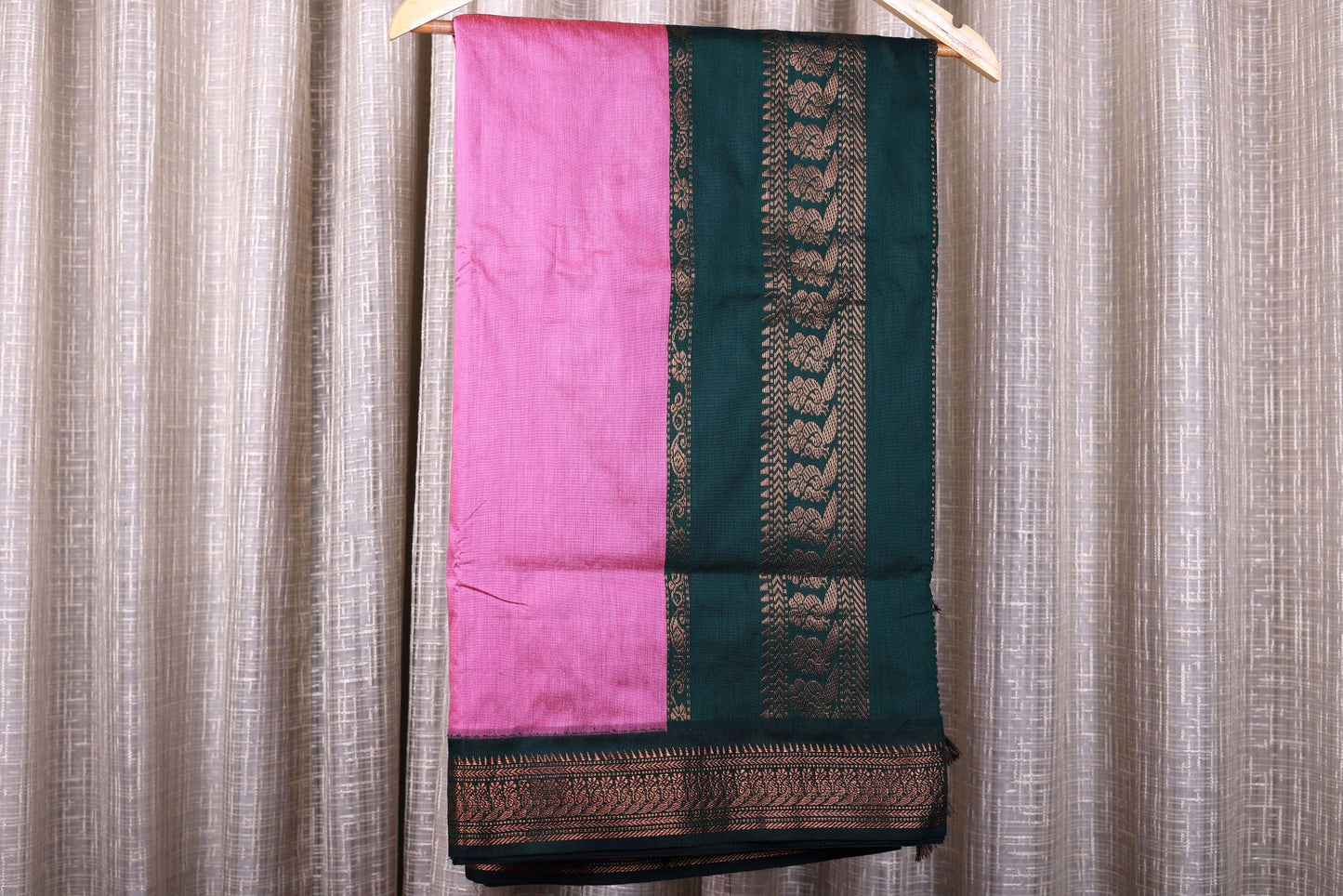 Silk Cotton Saree - Pink Color with Dark Green Border with Stitched Blouse