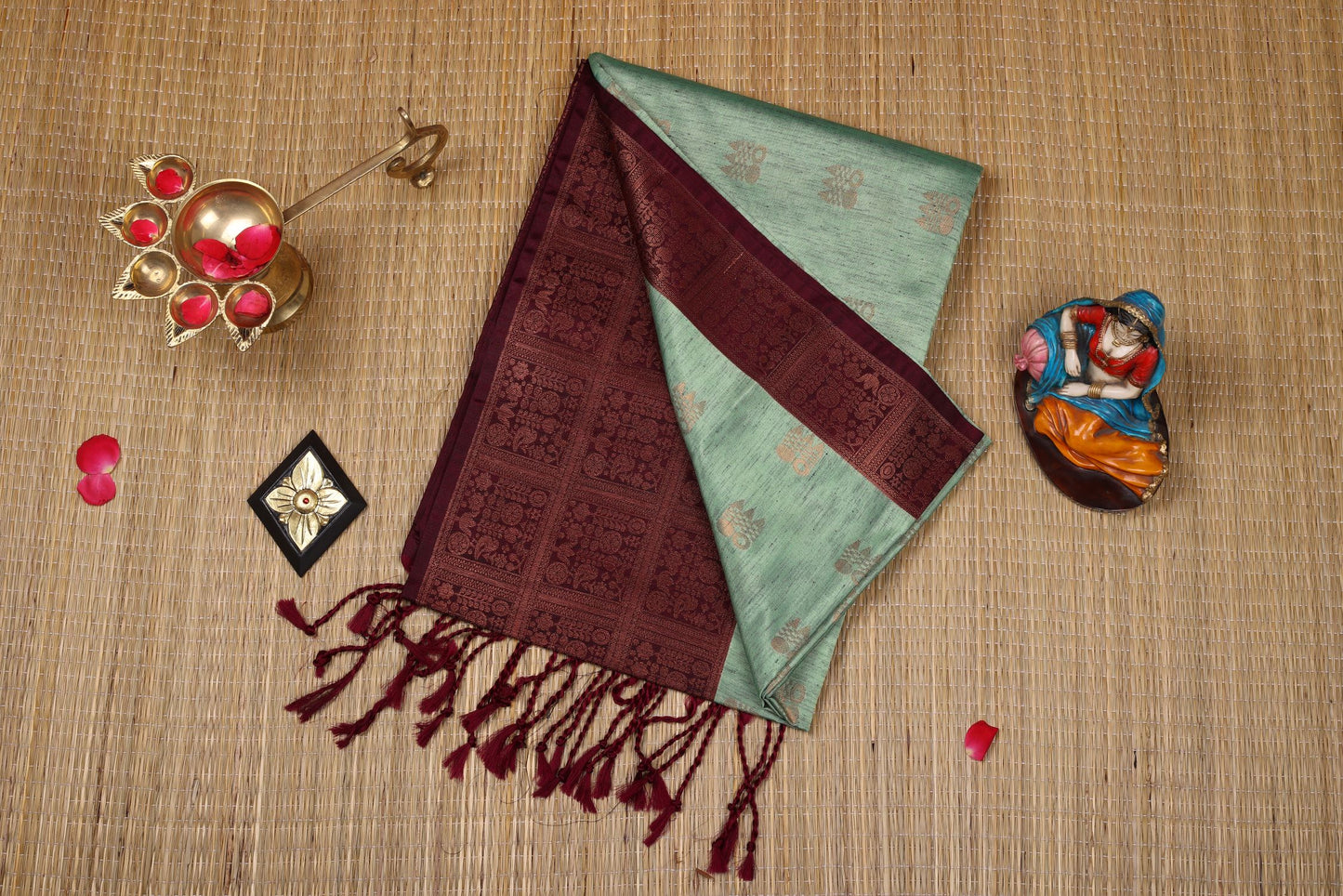 Semi Soft Silk Saree - Pastel Green with Maroon Border