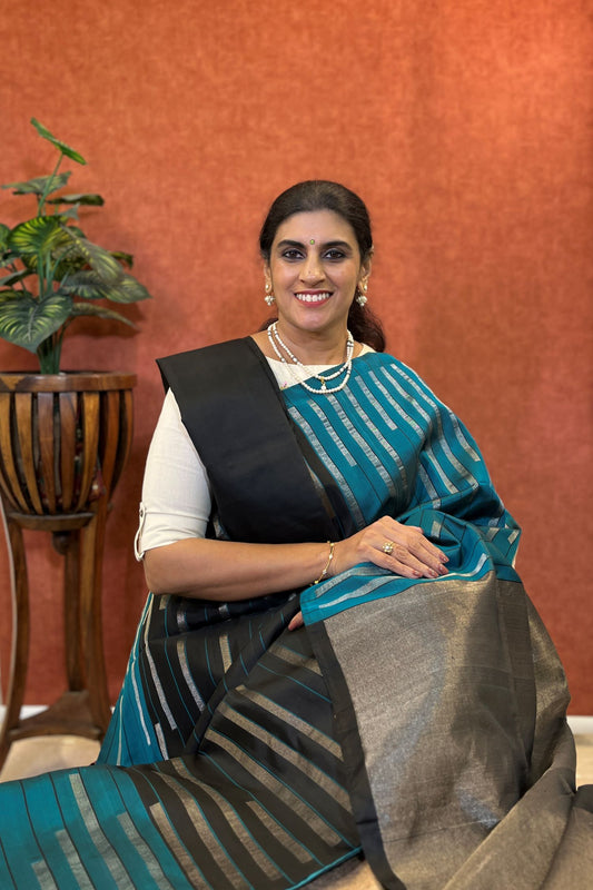 Pure Soft Silk Saree - Turquoise Blue Color with Silver Zari Border