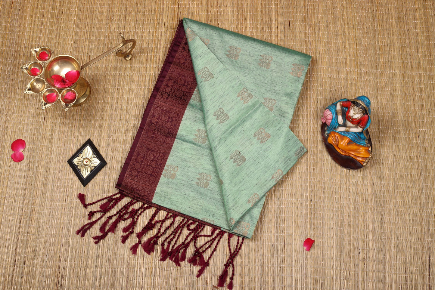 Semi Soft Silk Saree - Pastel Green with Maroon Border