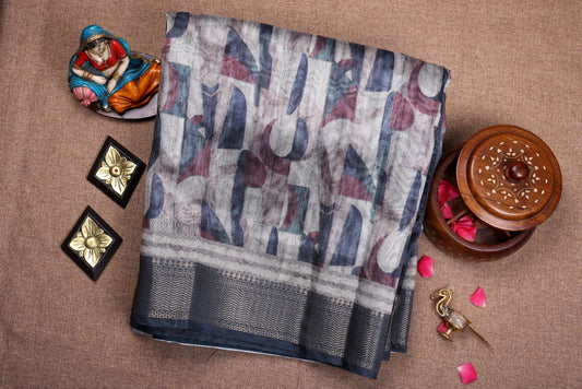 Fancy Silk Saree - Grey Multi Color with Stitched Blouse