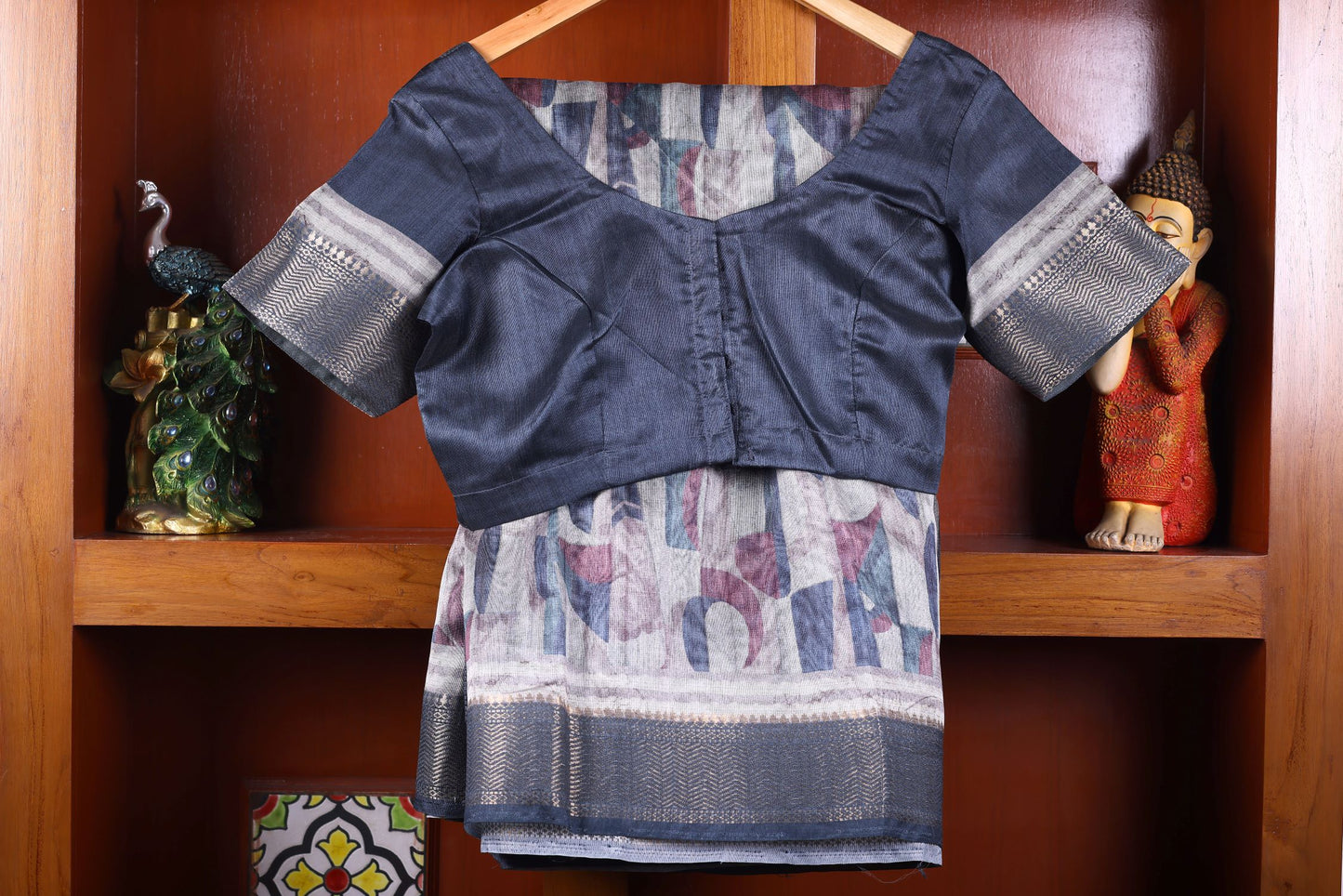 Fancy Silk Saree - Grey Multi Color with Stitched Blouse