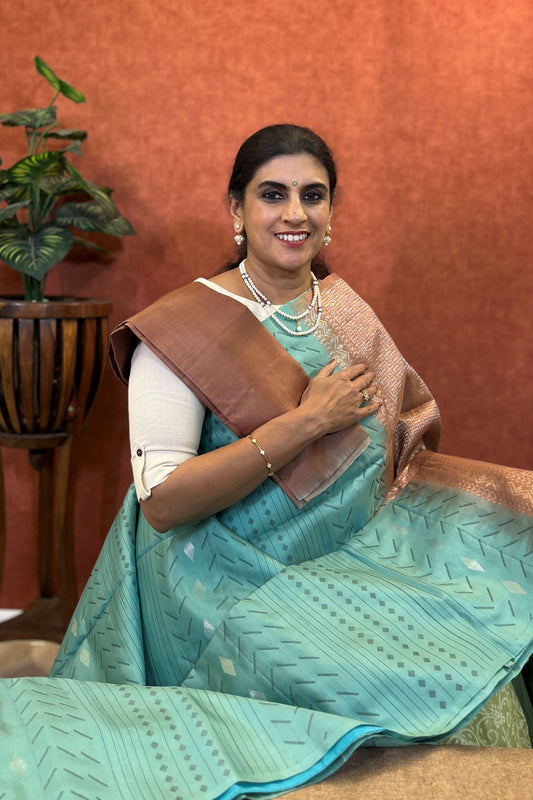 Pure Soft Silk Saree - Teal Blue Color with Peach Brown Border