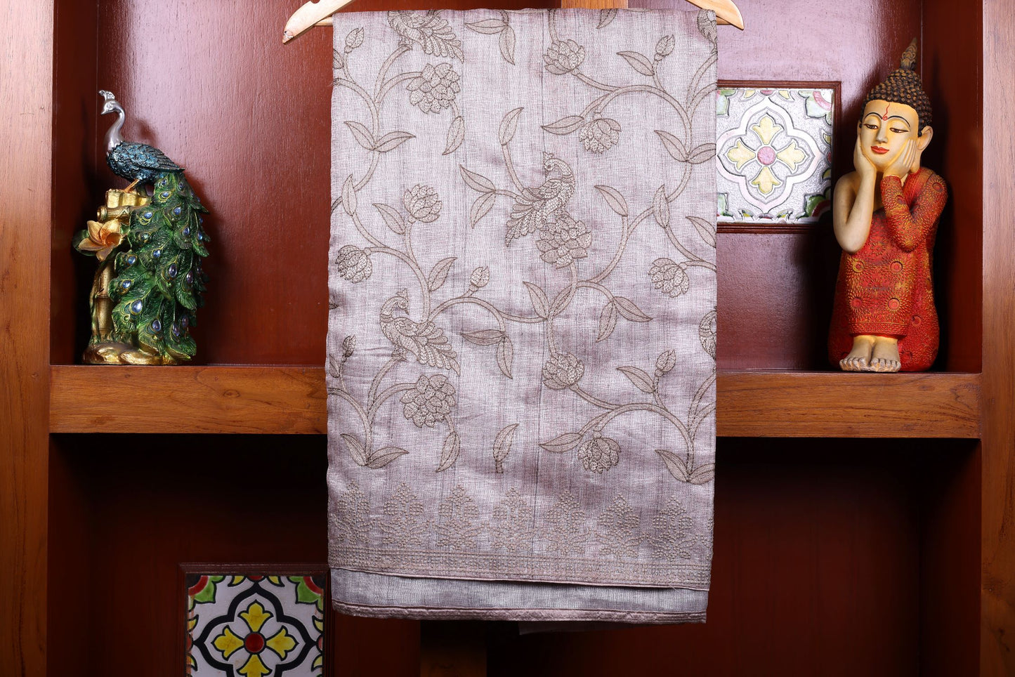 Fancy Threadwork Saree - Cream Color Self Design