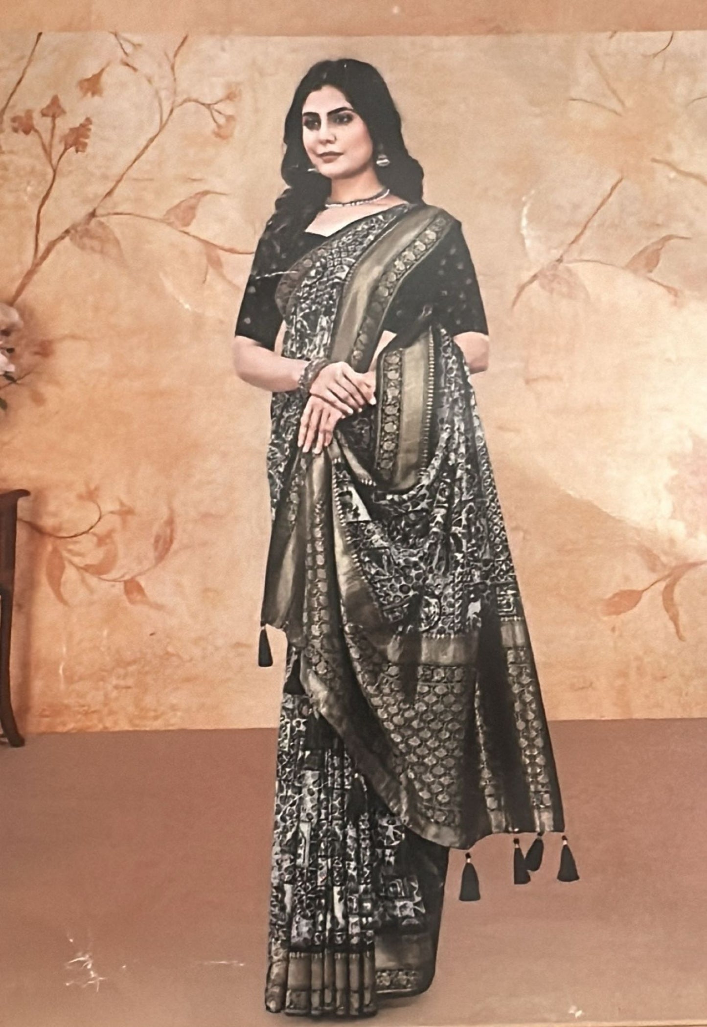 Voil Silk Saree - Black and Half White Color with Zari Border & Stitched Blouse