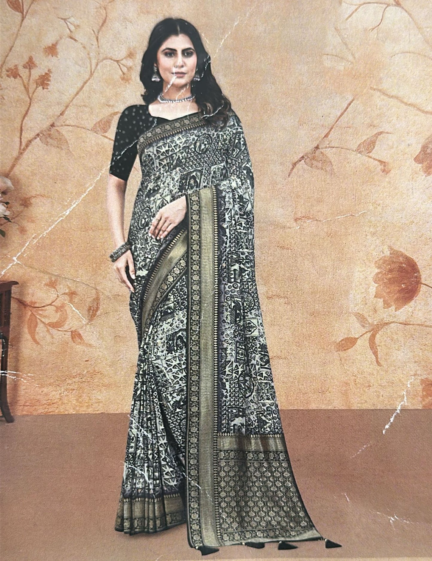 Voil Silk Saree - Black and Half White Color with Zari Border & Stitched Blouse