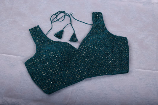 Teal Silk Blouse with Elegant Sequins