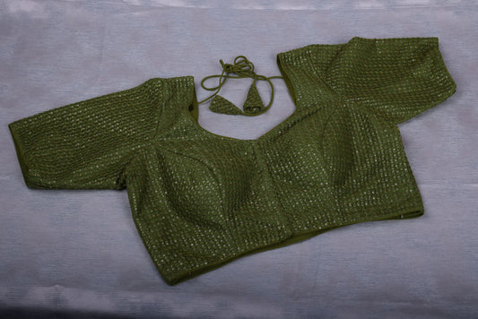Olive Green Silk Blouse with Sequins