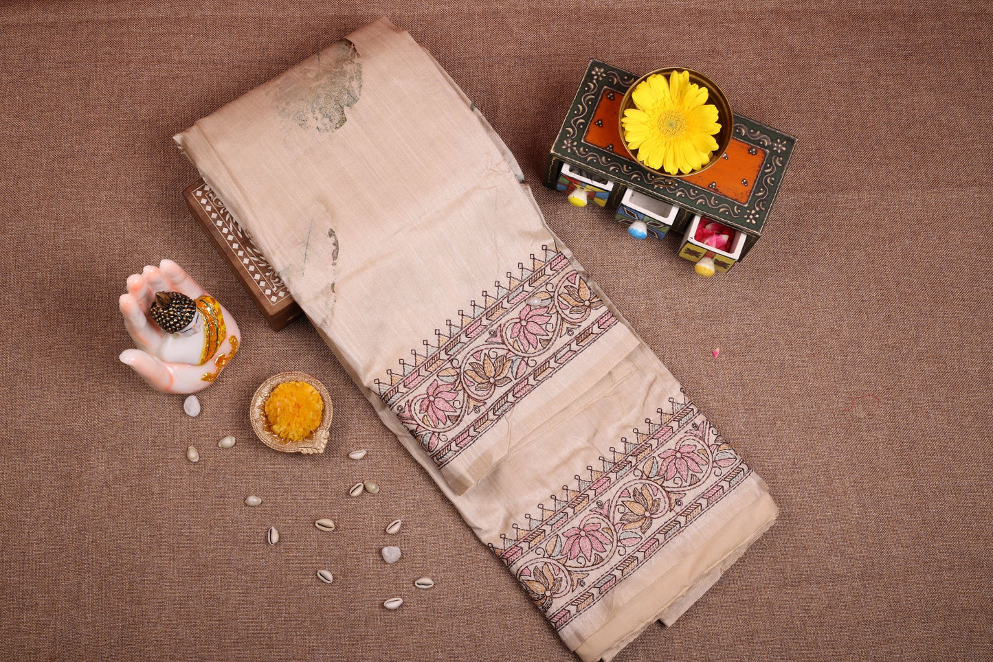 Semi Tussar Saree - Creme