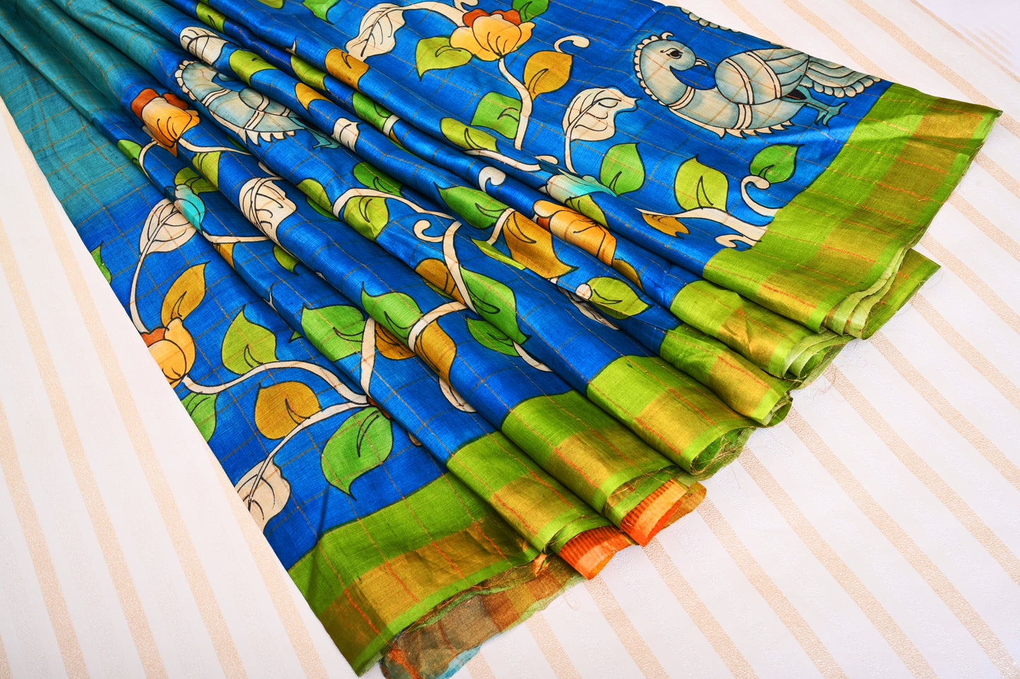 Pure Tussar-Blue Kalamkari Print