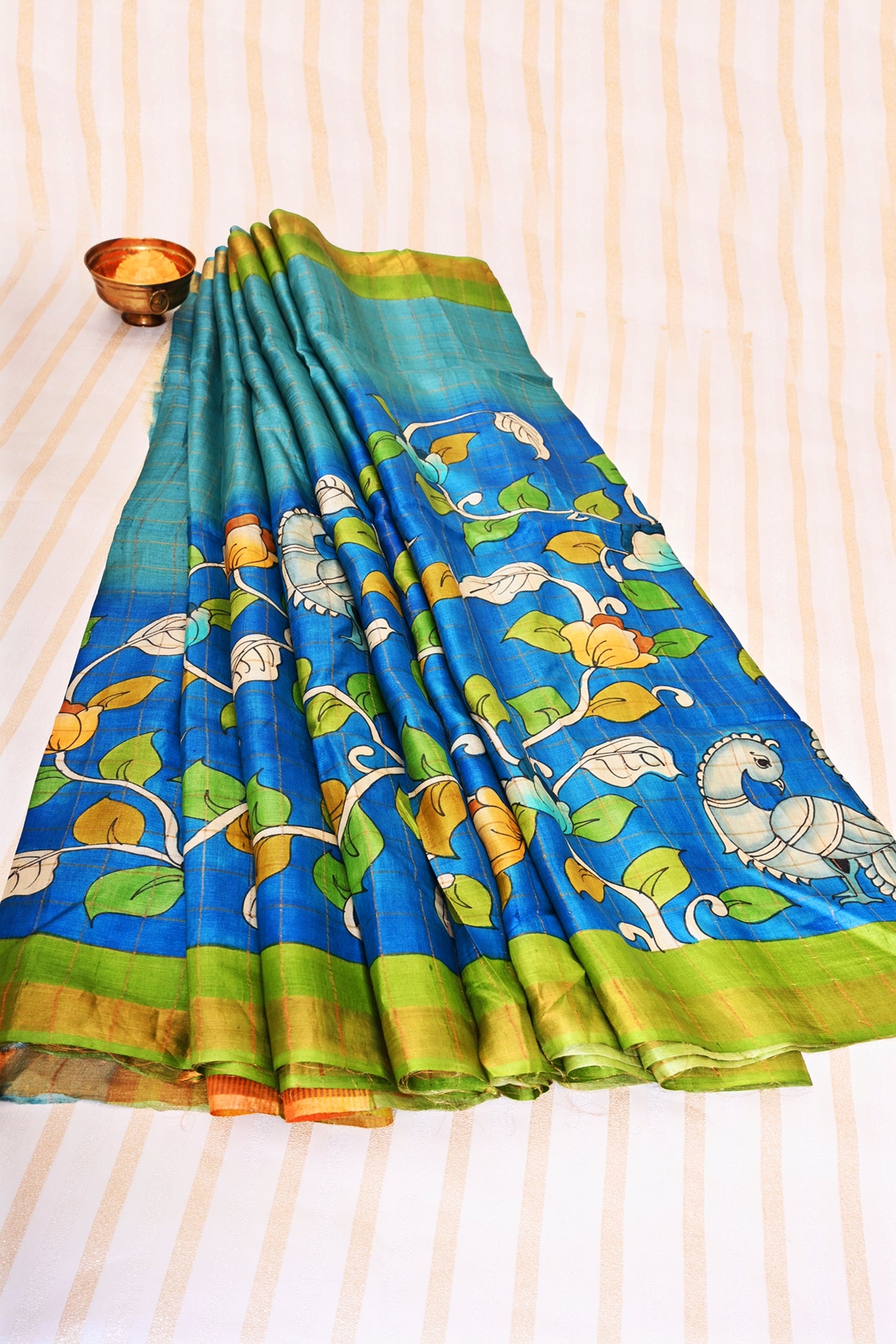 Pure Tussar-Blue Kalamkari Print