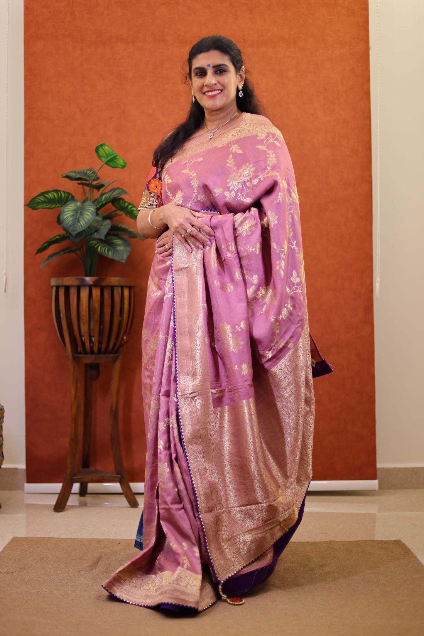 Fancy Banaras Silk Saree - Peach Color with Zari Border and Stitched Blouse