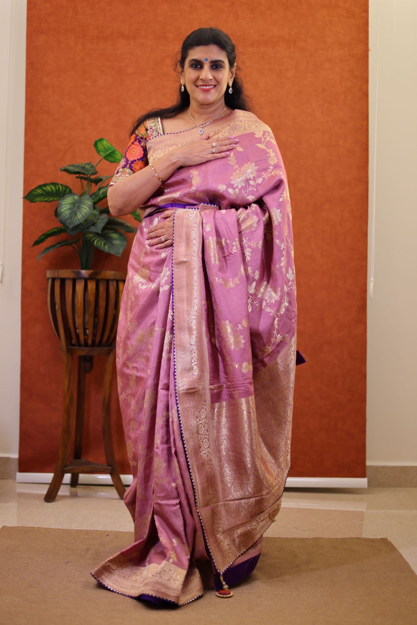 Fancy Banaras Silk Saree - Peach Color with Zari Border and Stitched Blouse