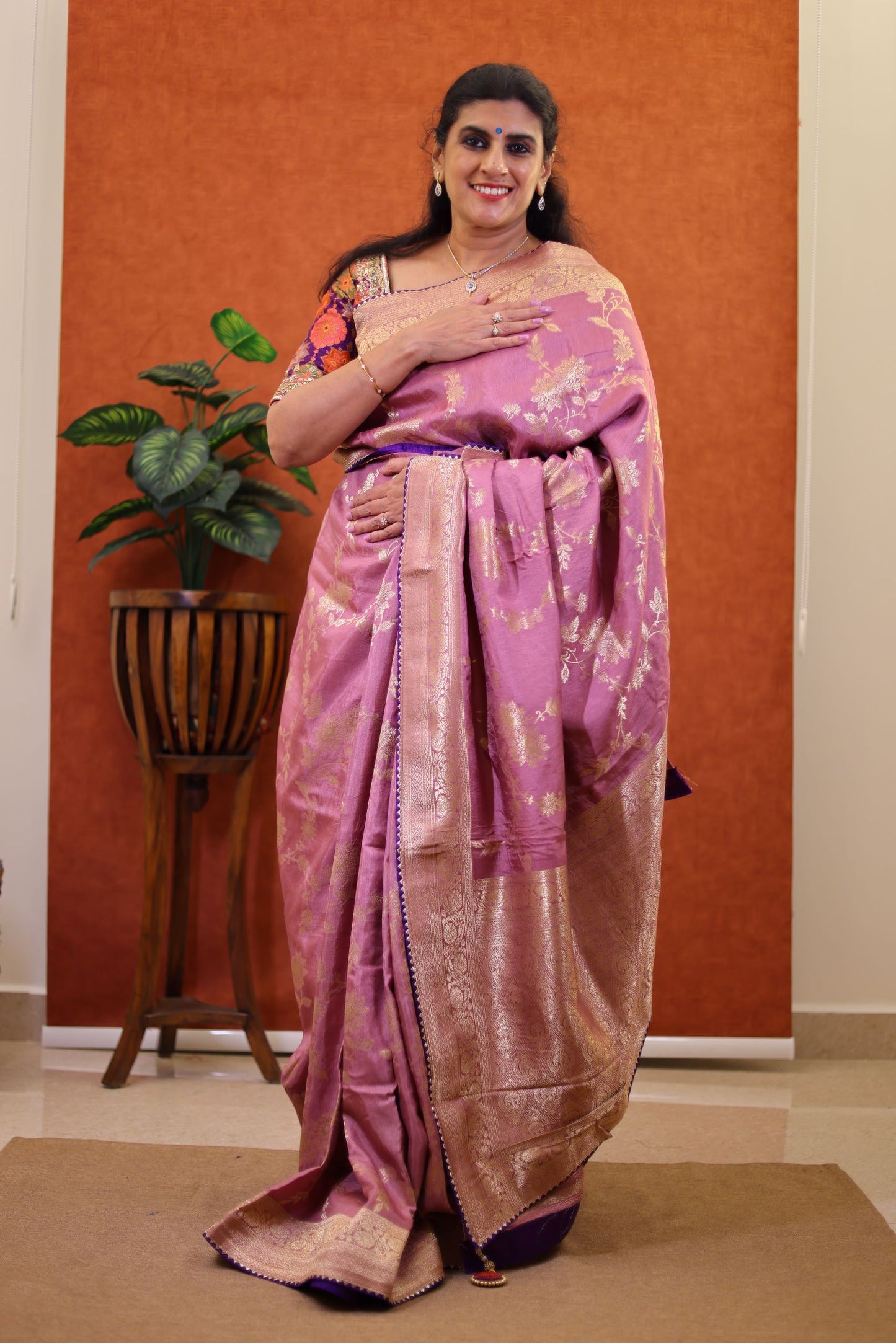 Fancy Banaras Silk Saree - Peach Color with Zari Border and Stitched Blouse