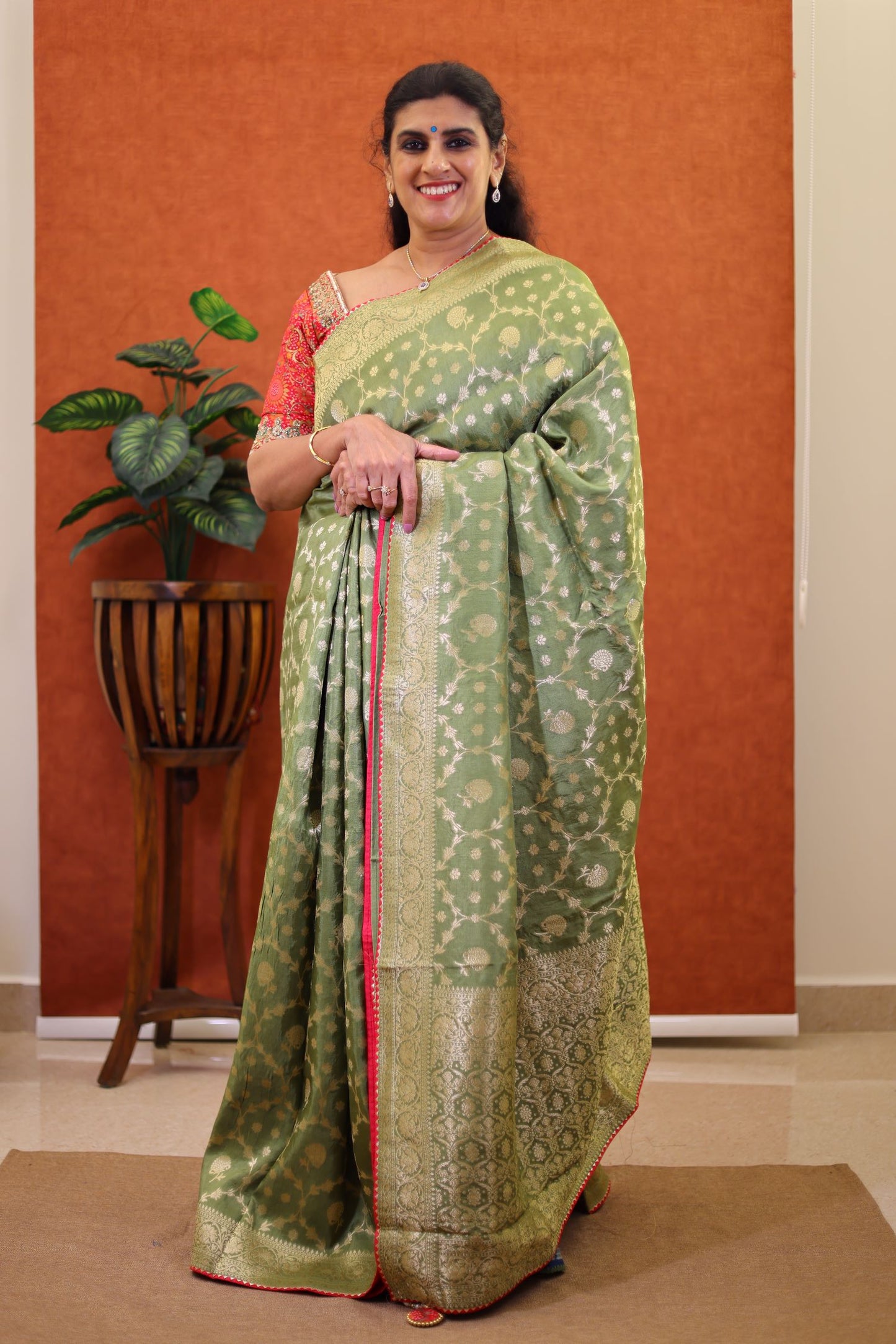 Fancy Banaras Silk Saree - Green Color with Stitched Blouse