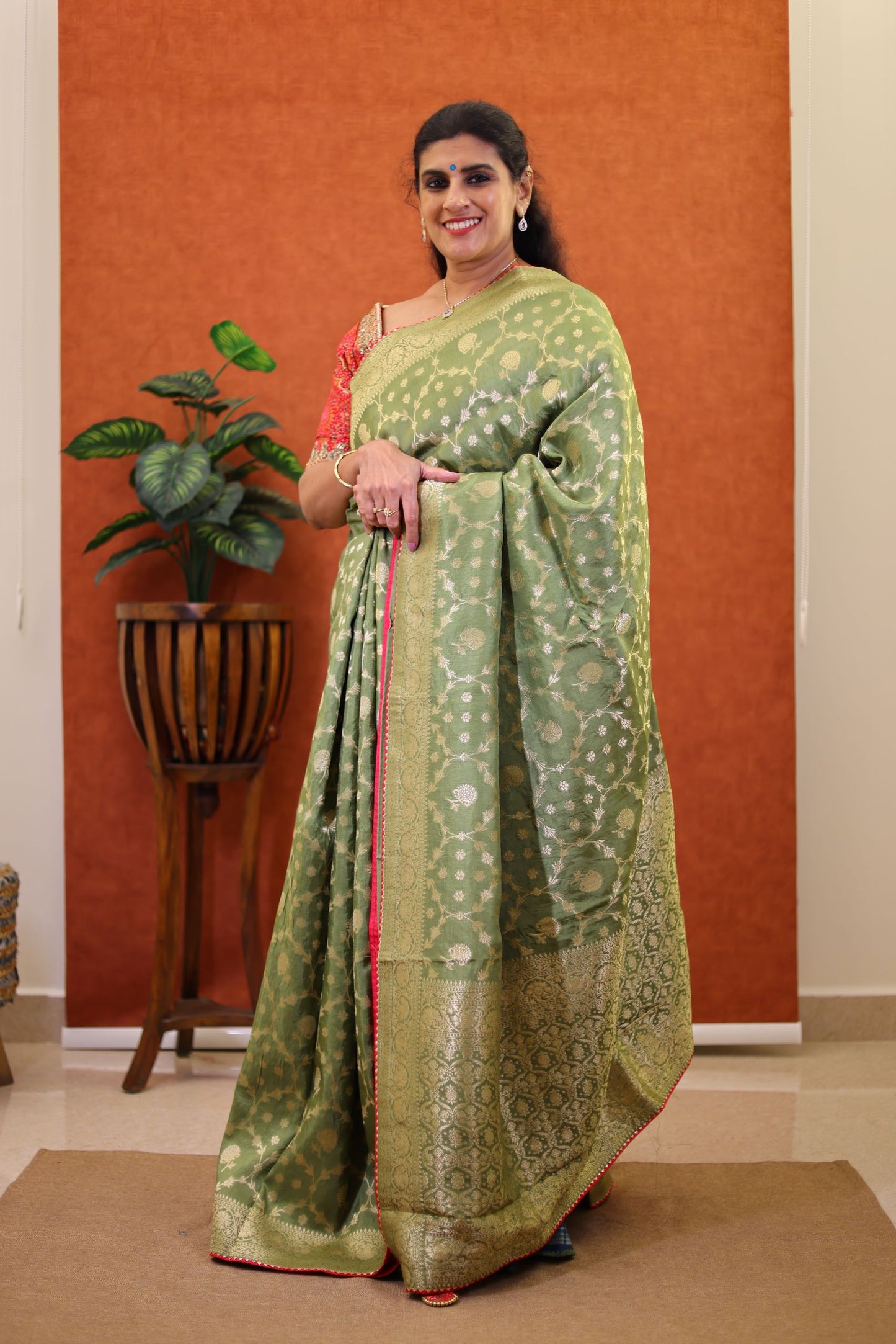 Fancy Banaras Silk Saree - Green Color with Stitched Blouse