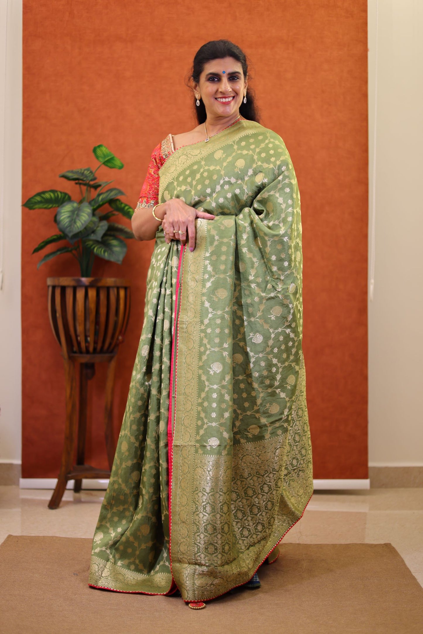 Fancy Banaras Silk Saree - Green Color with Stitched Blouse