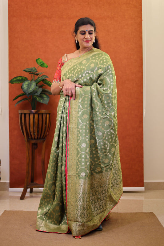 Fancy Banaras Silk Saree - Green Color with Stitched Blouse