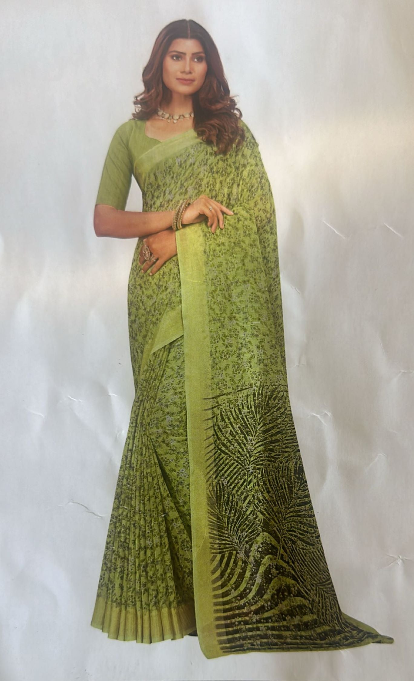 Fancy Saree in a floral design -Green Color with Stitched Blouse