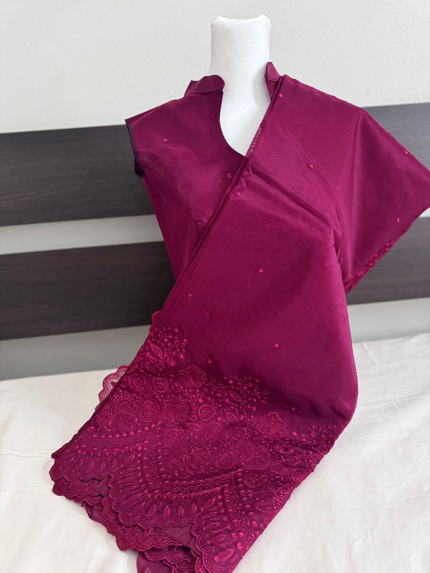 Semi Organza Saree - Maroon Color with Fancy Cutwork, Heavy Embroidery and Stitched Blouse