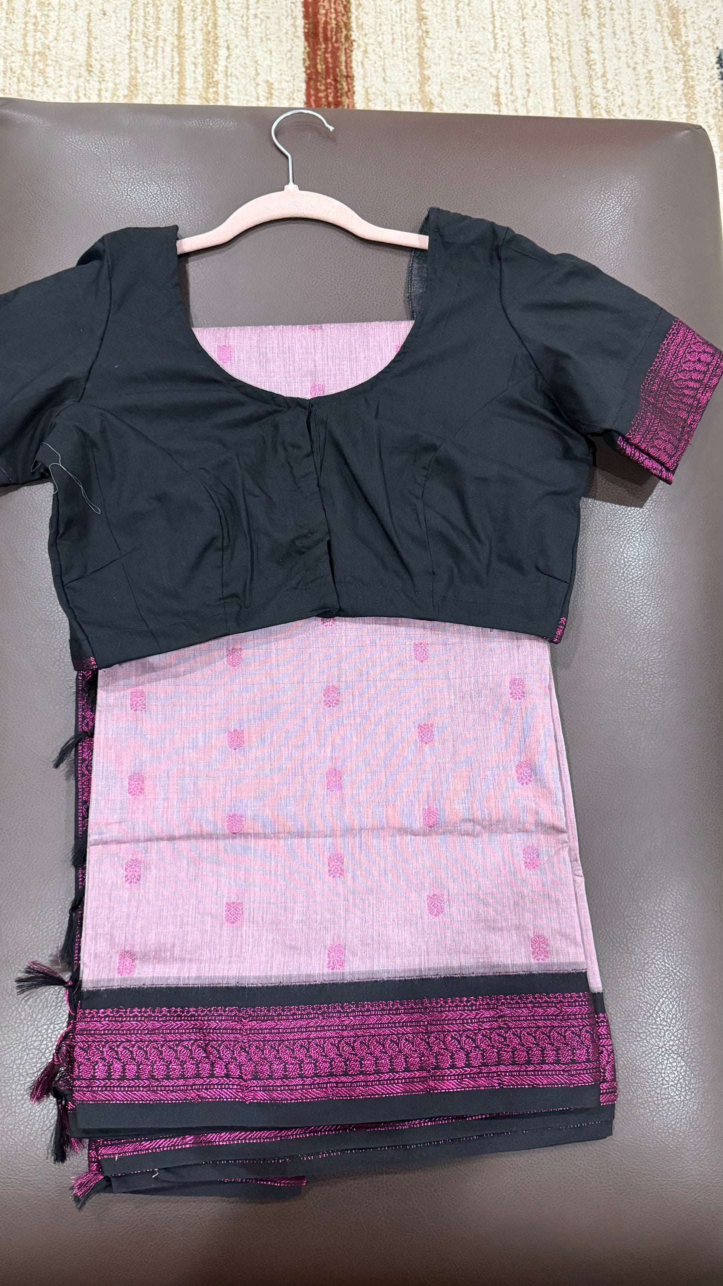 Silk Cotton Saree - Pink Color with Black and Dark Pink Color Border with Stitched Blouse