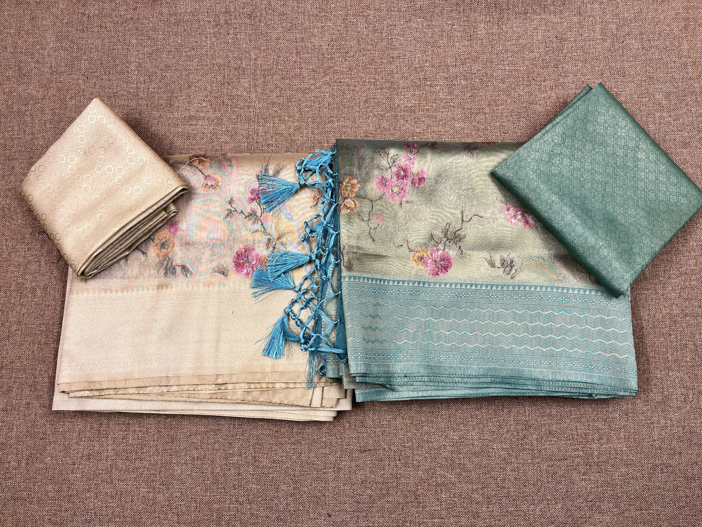 Semi Handloom Tissue Silk - Cream Color with Floral Creeper Design