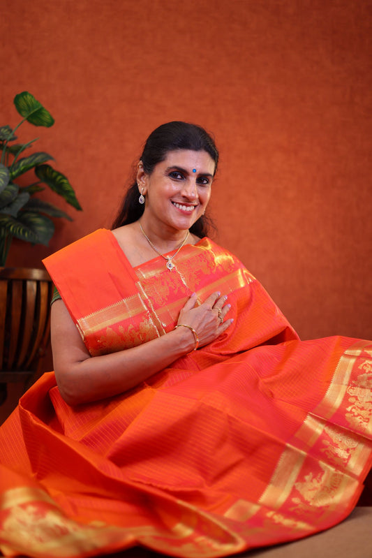 Pure Handloom Kanjivaram Silk Saree - Orange Color