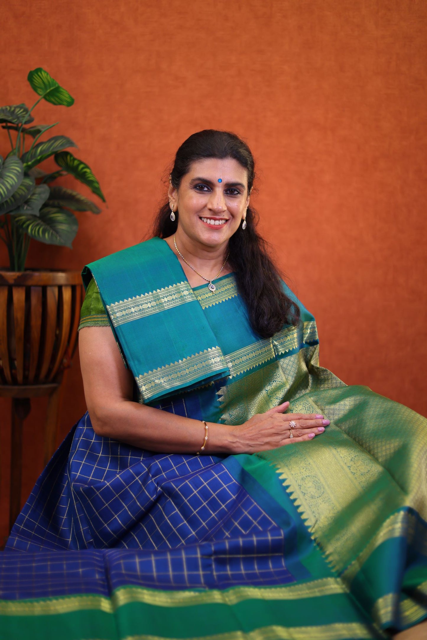 Pure Handloom Korvai Kanjivaram Silk Saree - Blue Color with Green Color Gap Border