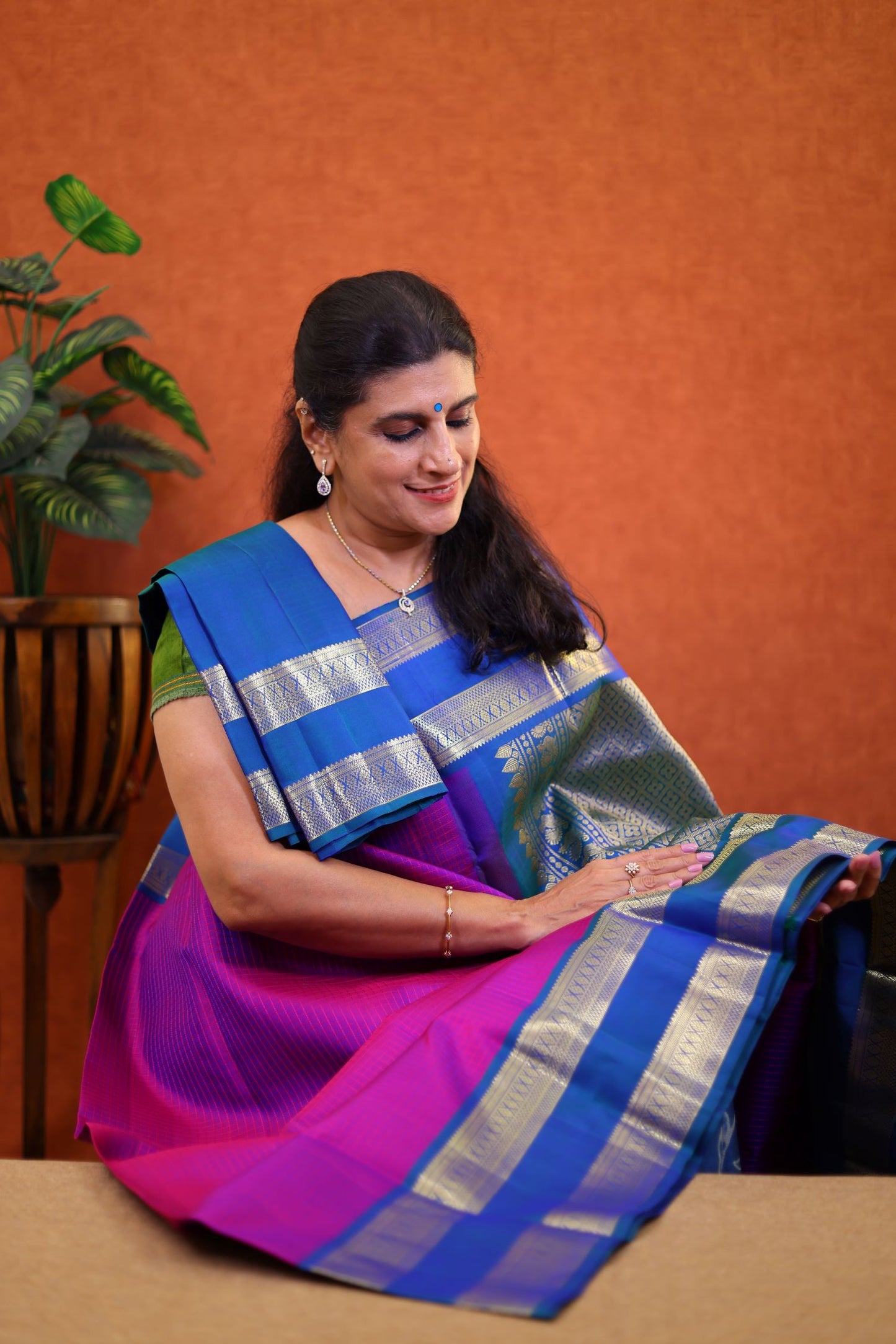 Pure Kanchipuram Silk Saree - Purple Color with Blue Color Gap Border