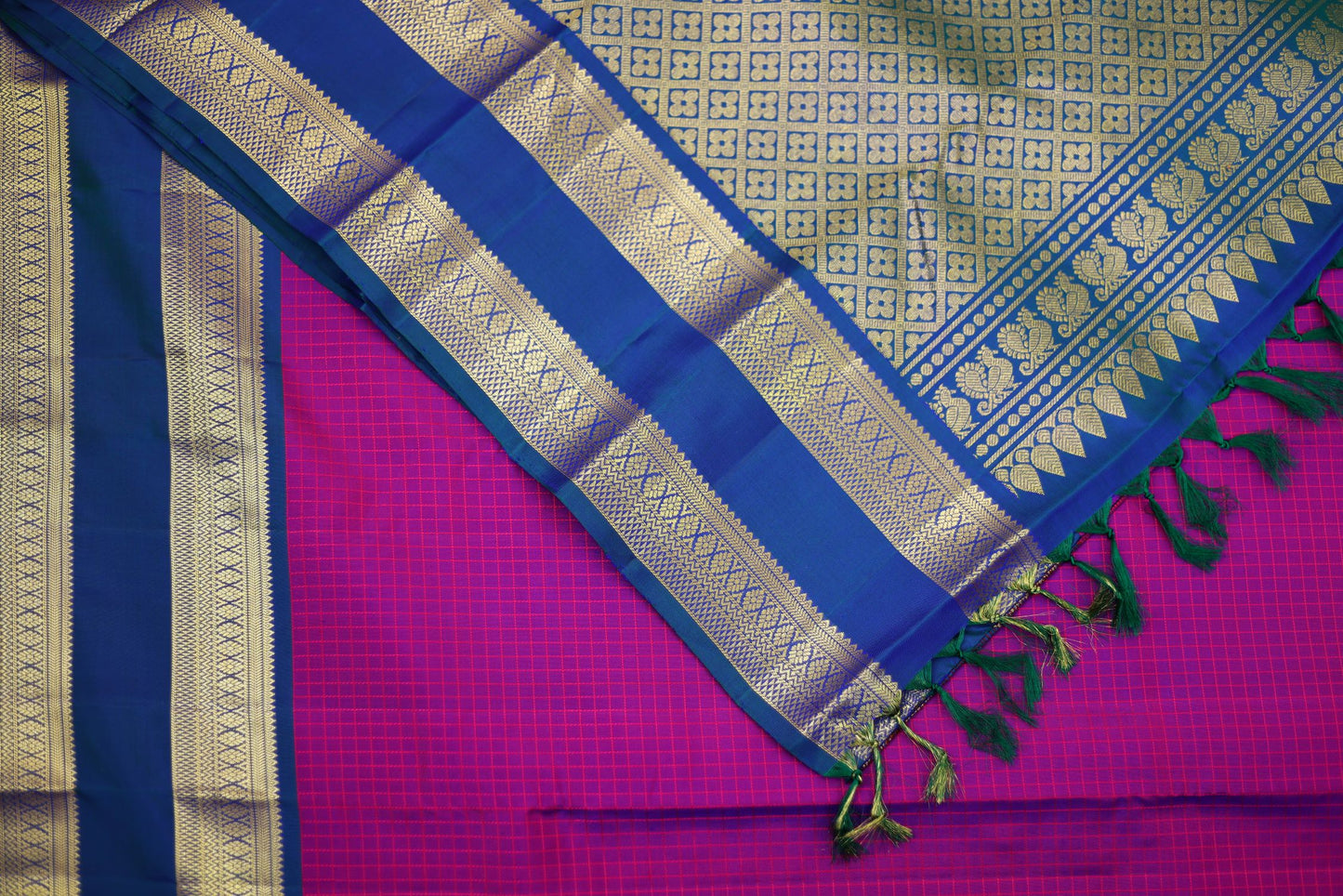 Pure Kanchipuram Silk Saree - Purple Color with Blue Color Gap Border