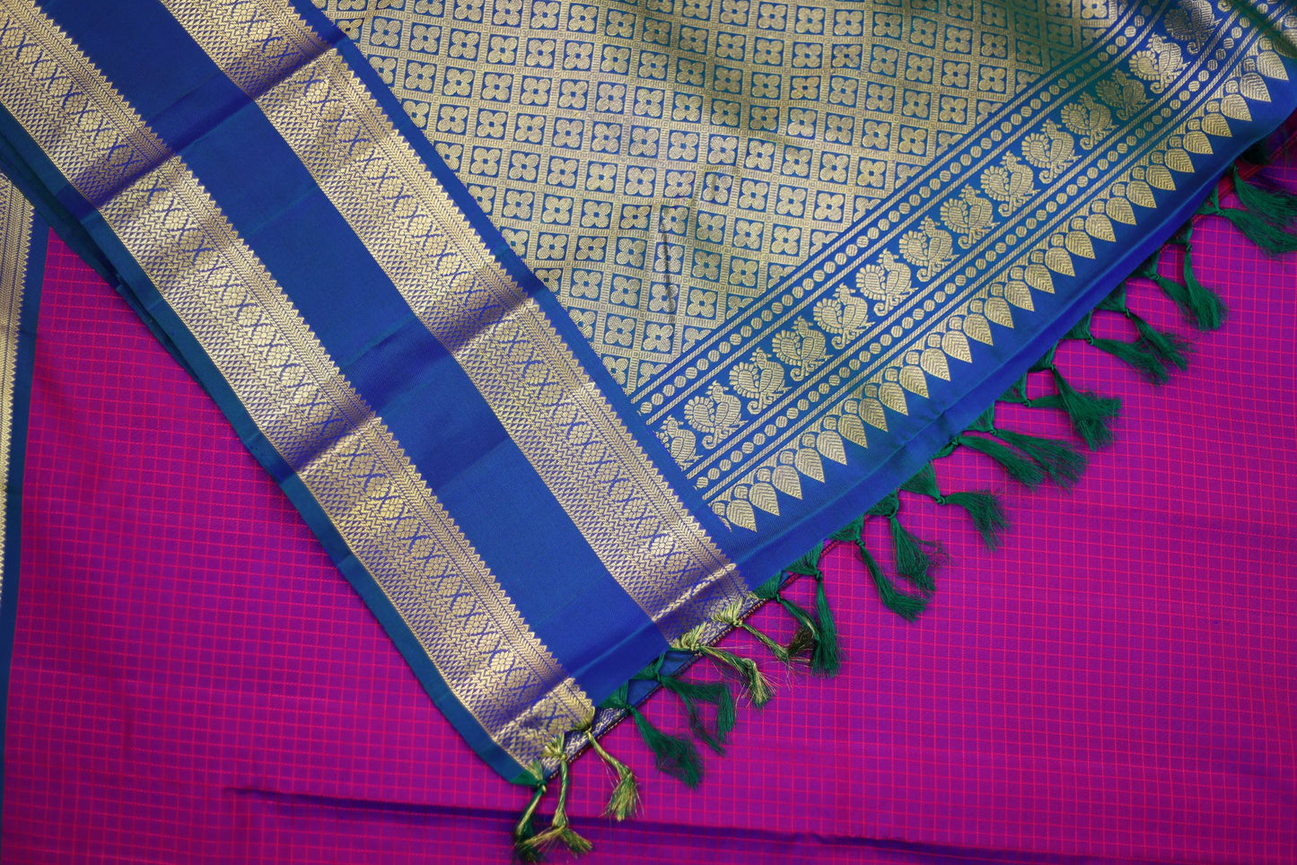 Pure Kanchipuram Silk Saree - Purple Color with Blue Color Gap Border