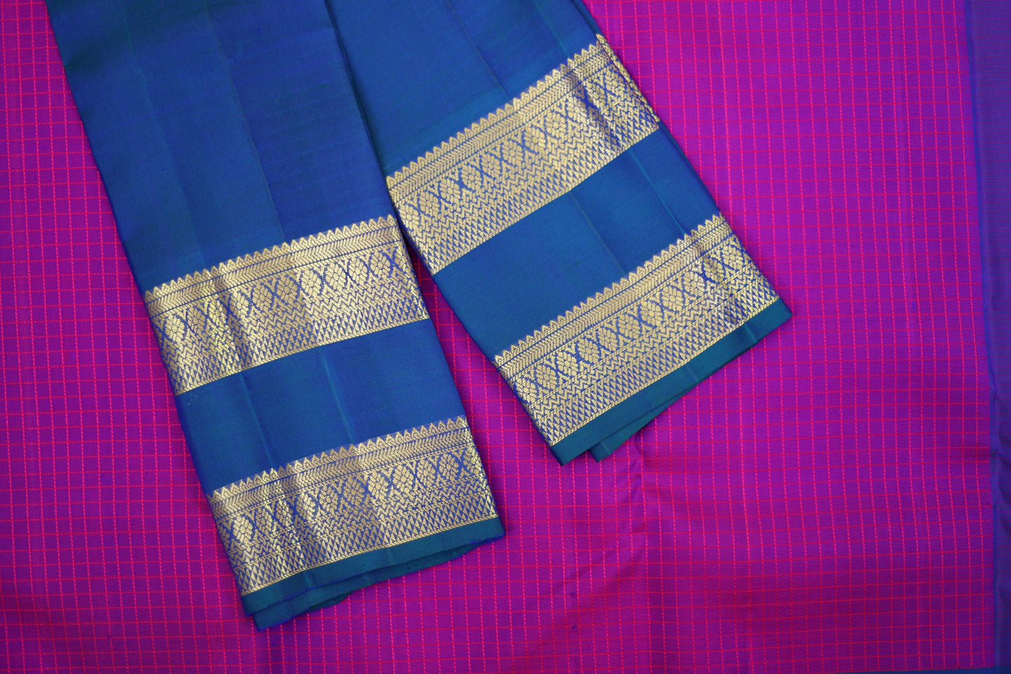 Pure Kanchipuram Silk Saree - Purple Color with Blue Color Gap Border